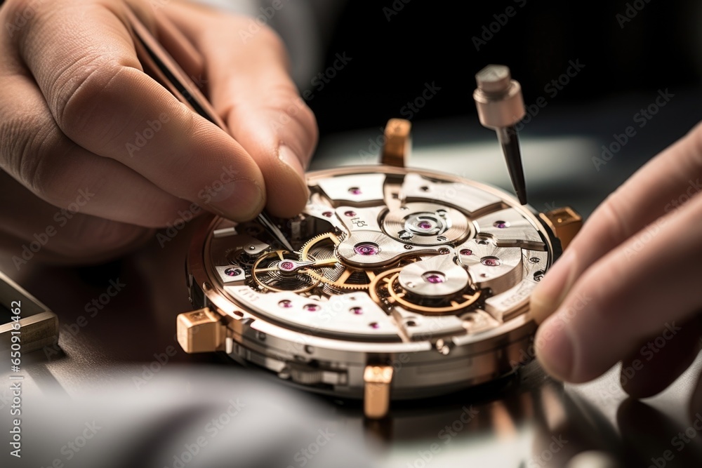 Aufkleber a closeup shot showcases a watchmaker skillfully inserting the tiny springs into the movement of a t