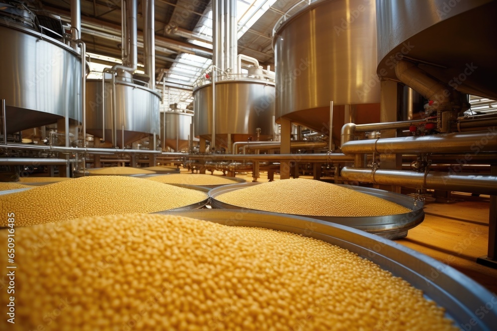 Poster closeup scene of a biorefinery operation within the renewable fuel factory, with large tanks filled 