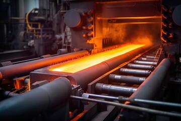 Closeup shot of a steel rolling mill, capturing the mechanical processes of heating, rolling, and cooling steel bars or sheets to specific thicknesses for structural use.