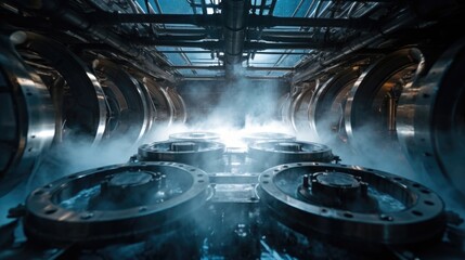 Closeup shot of a massive cooling chamber filled with steam, showcasing rows of steel components immersed in water, rapidly cooling down to finalize their shape and strength.