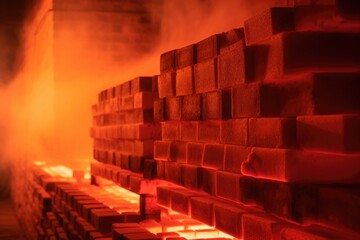 Infrared image capturing the heat radiating from a brick kiln during the firing process, with...
