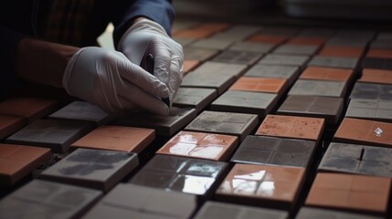 Zoomedin shot of a worker carefully inspecting a batch of fired tiles, using a magnifying glass to check for any imperfections, ensuring only the best quality products make it to the market.