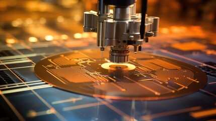 A macro scene of a wafer etching process. The image reveals the creation of tiny trenches on the wafers surface, where various materials will be deposited to form the electronic components
