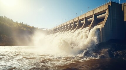 Detailed image of a massive hydroelectric dam, capturing the rushing water as it flows through power turbines, generating clean electricity.