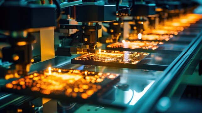 A welllit scene depicting the backend packaging process. It shows highly automated machines assembling individual chips onto lead frames, connecting them with ultrafine gold wires, and encapsulating