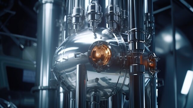 Closeup image of a shiny metal catalyst reactor vessel, vital for initiating the chemical process that converts oil and anol into biodiesel, showcasing precision engineering.