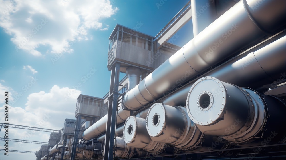 Poster macro shot of a stateoftheart emissions control system, featuring large exhaust stacks equipped with
