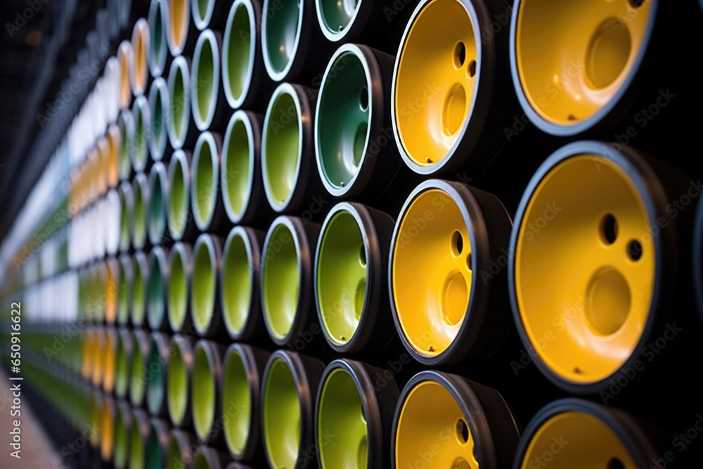 Poster up close, the image reveals a series of large, cylindrical containers lined up in a row. these conta