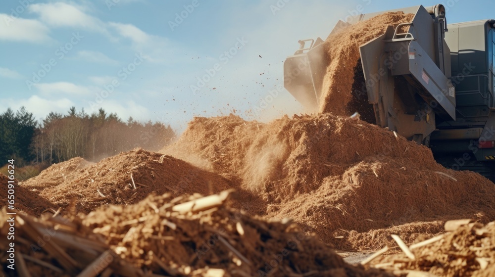 Poster closeup of a huge shredder machine, capturing piles of different cellulosic feedstocks being process