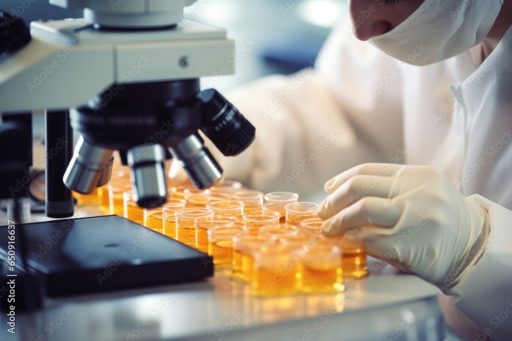Poster macro scene of a lab technician carefully analyzing a tiny sample of the processed feedstock under a