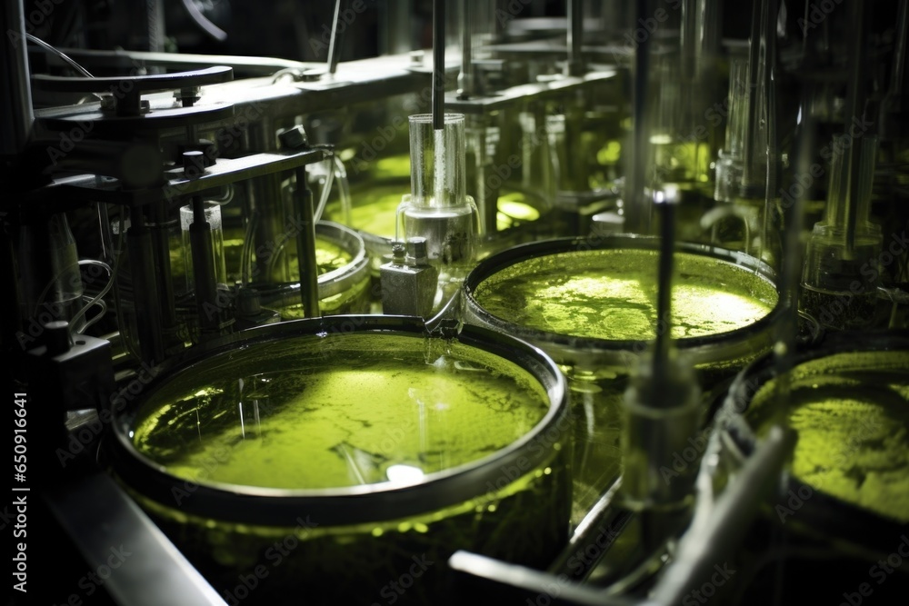 Poster a highresolution image focuses on the harvesting process within the algae plant. it depicts a series