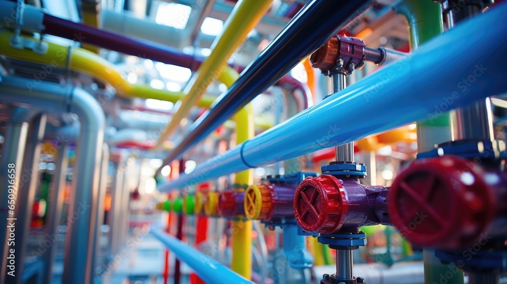 Poster close up of a colorcoded pipeline system, ilrating the intricate network connecting different refini