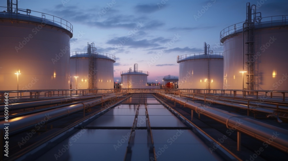 Poster detailed image of a storage facility for the finished biodiesel, showing rows of large tanks with ti