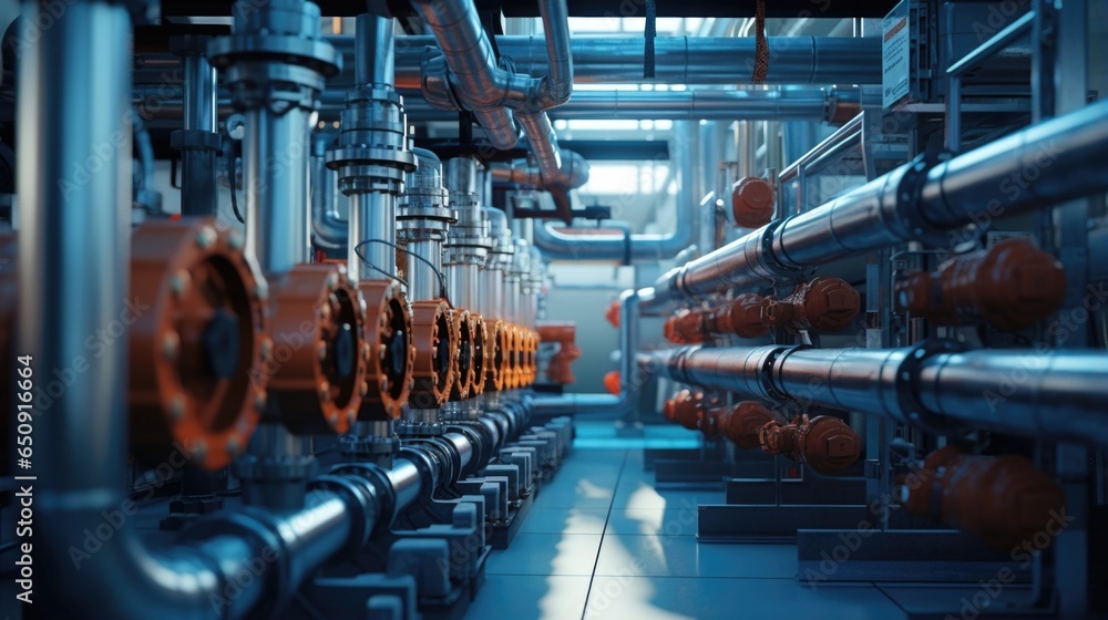 Poster detailed image of a complex network of pipes and valves, connecting various processing units in the 