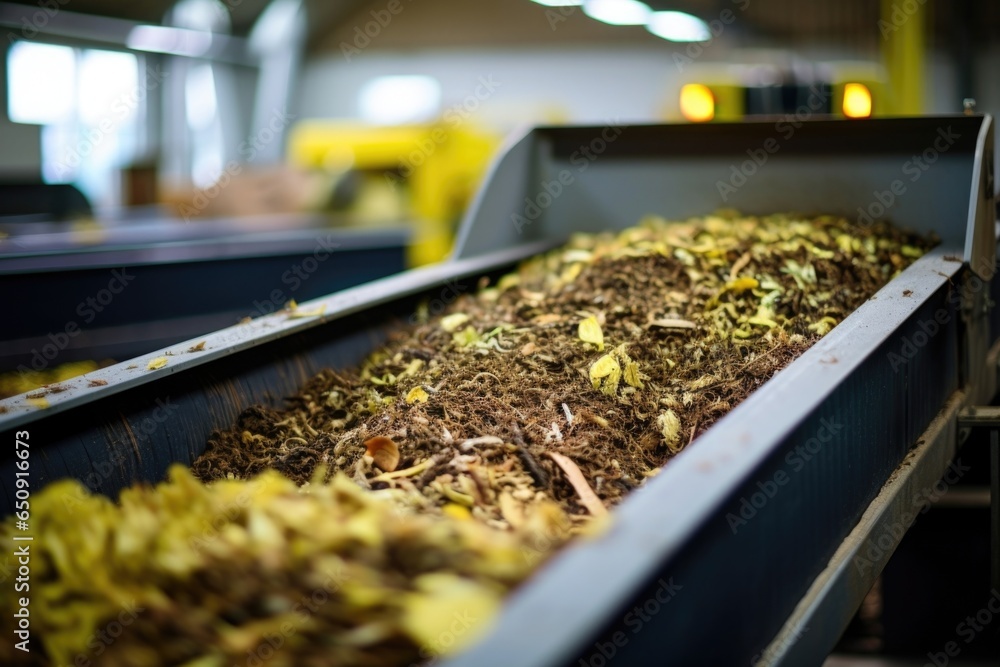 Poster the camera focuses on a conveyor belt carrying a continuous stream of biomass. the biomass consists 