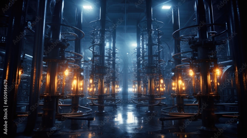 Aufkleber the camera captures an intricate array of distillation columns, where steam rises and condenses to s