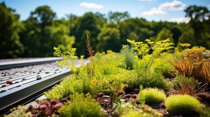 Focusing on the facilitys exterior, the eleventh image showcases a closeup shot of a vast green roof adorned with diverse vegetation. This sustainable design minimizes heat absorption, reduces - obrazy, fototapety, plakaty