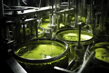 A highresolution image focuses on the harvesting process within the algae plant. It depicts a series of large filtration and separation tanks, where the algae cultures are processed to extract