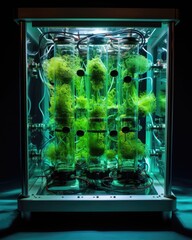 The image showcases the pulsating glow emitted by a photobioreactor system as it provides controlled light exposure to the algae cultures. The reactor is partially submerged in nutrientrich