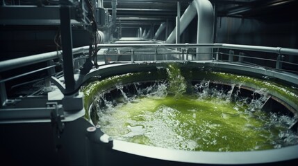 This image captures the process of dewatering the harvested algae, with a focus on a large centrifuge system. The centrifuge, a rotating drum, effectively separates the water from the concentrated
