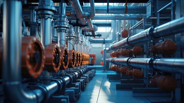 Detailed image of a complex network of pipes and valves, connecting various processing units in the facility. The pipes are labeled with different waste streams, indicating the flow of biomaterials