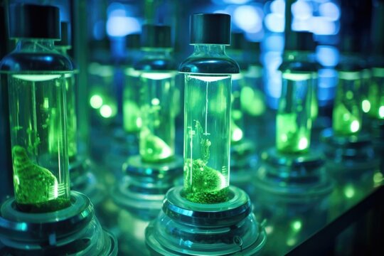 This image showcases an array of bioreactors, each filled with a thick, greenish liquid. The bioreactors are illuminated by ultraviolet lights, creating a visually captivating sight of the