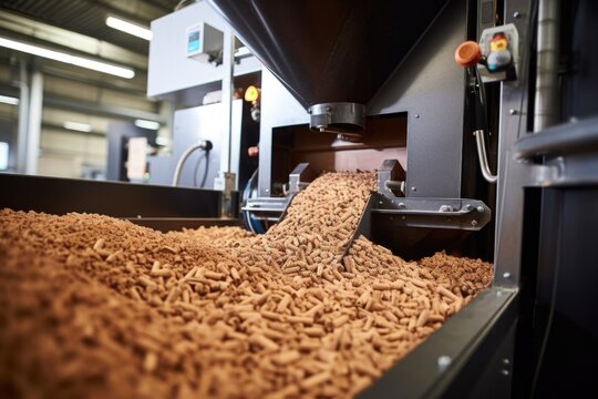 A detailed image captures the interior of a biomass pelletizing unit, showcasing the transformation of finely ground biomass into compact, cylindrical pellets. The machine is surrounded