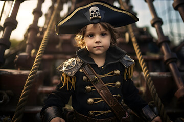preschool boy wearing pirate costume on pirate ship