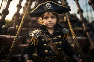 preschool boy wearing pirate costume on pirate ship - Powered by Adobe