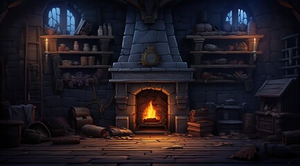 Fireplace in medieval room. Ai art