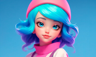 Fototapeta premium Cute anime doll with blue hair on blue background.