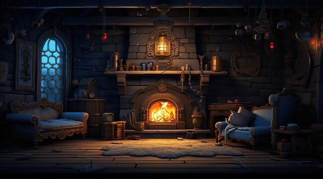 Fireplace in medieval room. Ai art