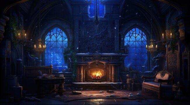 Fireplace in medieval room. Ai art