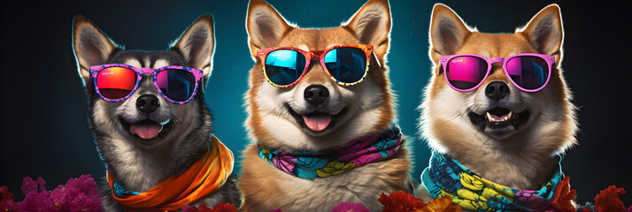 funny portrait of three Shiba Inu dogs wearing colourful sunglasses