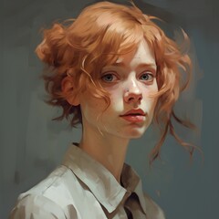 portrait of beautiful young and cute redhead woman, in style of watercolor illustration, retro and vintage girl concept