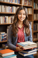 A female student reads a study book in the library