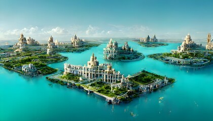 Atlantis on an island large buildings city on water mostly marble buildings buildings are grayish green or aqua blue magical beautiful clear sunny sky intricate detail crisp lighting 3D  - obrazy, fototapety, plakaty