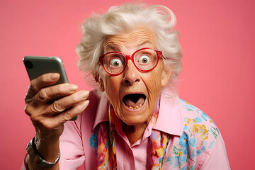 The older grandmother is delighted and surprised by the mobile device.Funny looking elderly woman. entertainment and winning