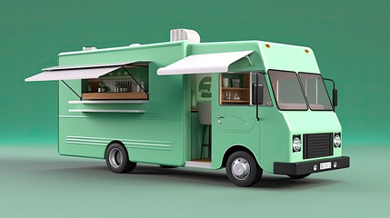 Illustration Food truck isolated on green background, takeaway food and drinks van