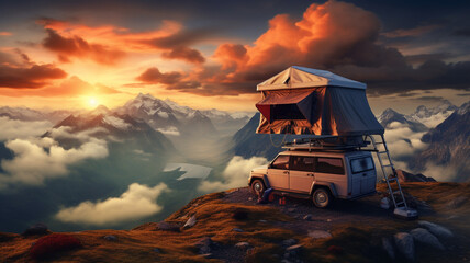 Top roof tent on camping car with mountain landscape view background. - obrazy, fototapety, plakaty