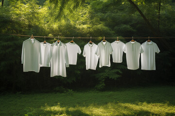 White shirts hanging to dry in green yard