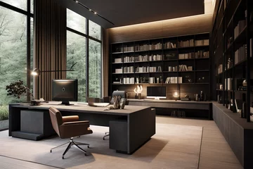 Foto op Canvas Modern home office with laptop with nature view from windows. © Golden House Images