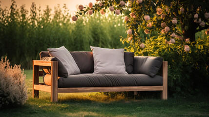 Modern sofa furniture in home garden with sun rise background.