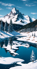 Fantastic winter landscape with snow-capped mountains and lake