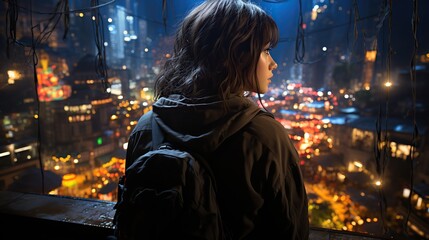 Obraz premium girl looking at city buildings at night