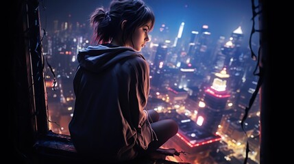 girl looking at city buildings at night