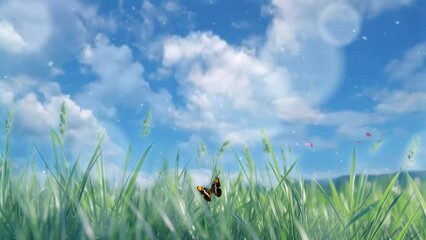 grass and blue sky flowers in the field  animated background in Japanese anime watercolor painting illustration style. seamless looping video animated background