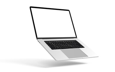Laptop with blank screen isolated on white background, Laptop modern mockup. white aluminium body. 3D illustration, 3D rendering. 