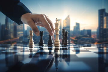 Closeup of businessman playing chess.  - obrazy, fototapety, plakaty