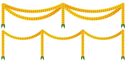 Indian Traditional marigold flower Garland. Decoration for Indian Hindu Auspicious Occasion, editable design vector. wedding, Pongal, ayudha poojai festival set. - obrazy, fototapety, plakaty